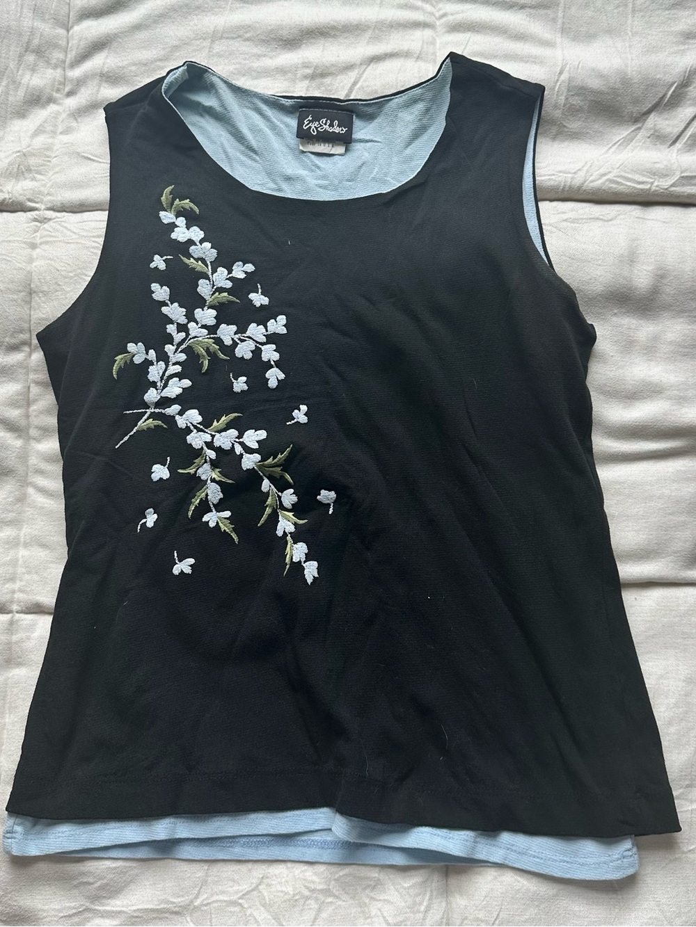 Eyeshadow Black Sleeveless Tank with Light Blue Floral Embroidery